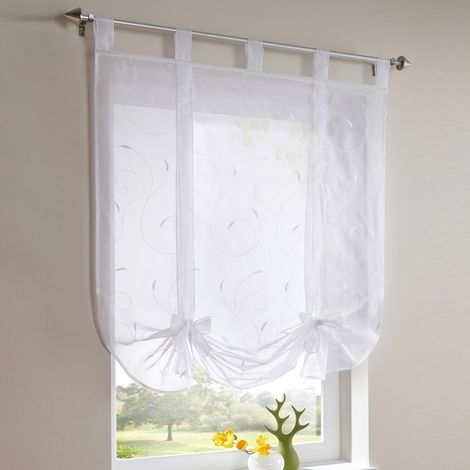 80 x 140 cm Store bateau brodé Rideau court transparent à passants pour cuisine, salon, chambre à coucher (blanc) (1/5)