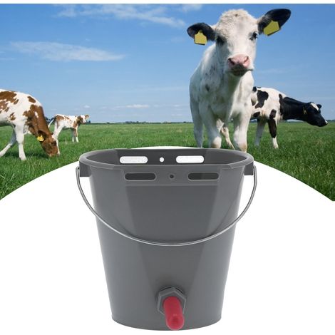 Cubo de alimentación de 8 litros con 2 salidas para biberones para terneros, plástico apto para uso alimentario, color gris, modelo agrícola. (1/5)