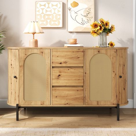 Buffet ovale 140x38x77.5cm - Portes en rotin, tiroirs et pieds métal - Rangement modulable style scandinave - Naturel (1/5)