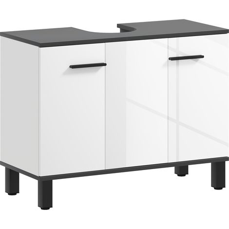 Mueble de baño Irovami de dos compartimentos con estante ajustable, para lavabo con grifo, con tirador y patas de madera antideslizantes, 80 x 34 x 60 cm, blanco brillante