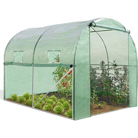 Idmarket – Serre tunnel maraîchère 6M² verte – Bâche armée anti-UV 130g/m² – 2 fenêtres moustiquaires 35x35cm – Hauteur 180cm
