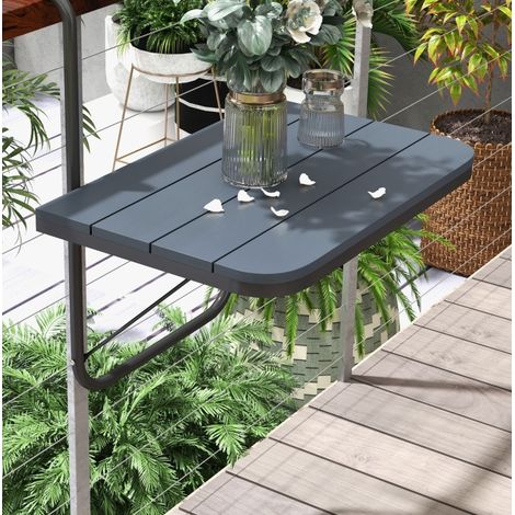 Mesa de balcón colgante plegable de aluminio negro, tablero efecto madera 60 x 40 cm, altura regulable (1/5)