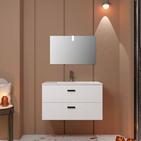 meuble salle de bains 80 cm 2 tiroirs blanc avec vasque blanche, miroir et applique led - box led (1/5)