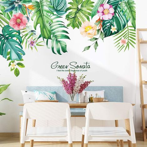 Tropical Fleurs Stickers Muraux Plante Autocollant Décoratifs, Feuilles Verts Décoration Murale Bricolage Wall Art Mural pour Salon Bureau Chambre-Amovible & Etanche (1/5)