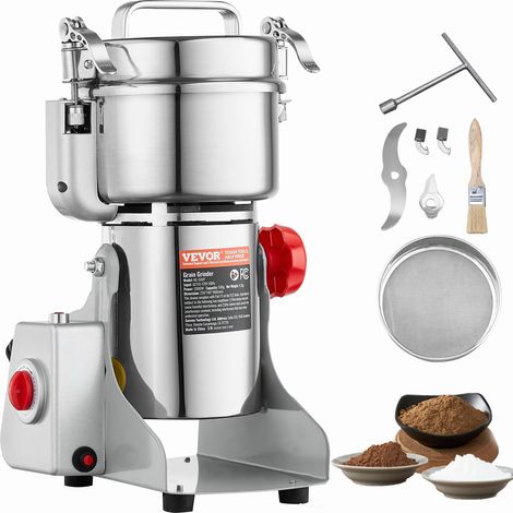 VEVOR Moulin a Epices Electrique 500 g, Broyeur a Grains Commercial 2000 W a Haute Vitesse, Moulin a Farine en Acier Inoxydable, Type Oscillant pour Moudre Rapidement Cereales Epices Herbes Cafes