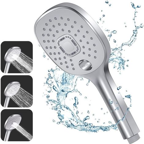 Pommeau Douche, 3 Types de Jets avec Poignée Durable et Buse en Silicone Respectueuse de l'environnement, Grand Pommeau de Douche Argenté (Pommeau de Douche sans Tuyau) (1/4)