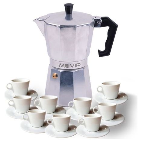 Muvip mv0602 Kaffeemaschine de Aluminium - Fassungsvermögen 9 Tassen - ergonomischer Griff - antihaftbeschichtet - geeignet für Elektro-, Glaskeramik- und Gaskochfelder - Farbe Aluminium