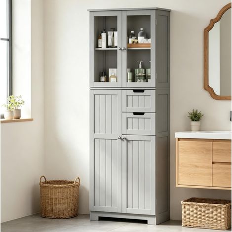 Mueble alto de baño 60 x 30 x 170 cm gris, 4 puertas, 2 cajones DESVIAE (1/5)
