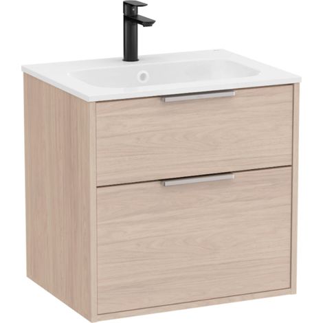 Pack meuble unik "OPTICA" 600 - 2 tiroirs + lavabo plan en Stonex - Frêne Clair - Roca (1/2)