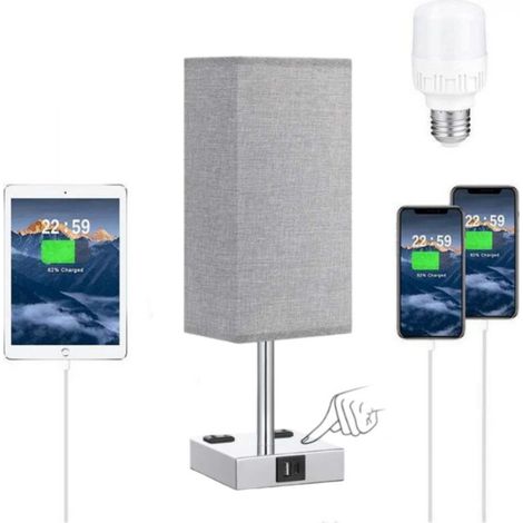 (Ampoule Incluse) Lampe de Chevet Tactile avec Ports de Charge USB C+A, Intensité Variable à 3 Voies, Abat jour en Tissu   Gris Base de Métal, Lampe de Table pour Chambre Salon