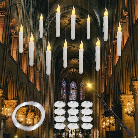 Lot de 12 Bougies flottantes avec baguette magique, Bougie LED télécommandée, Flamme vacillante, Bougies électriques pour Halloween, mariage,Noël (bougies flottantes blanches) (1/5)