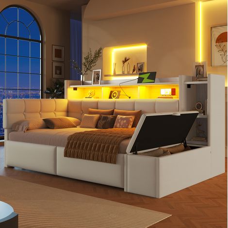 Cama dormitorio con almacenamiento y LED blanca 90x190 OKMYHOME (1/5)