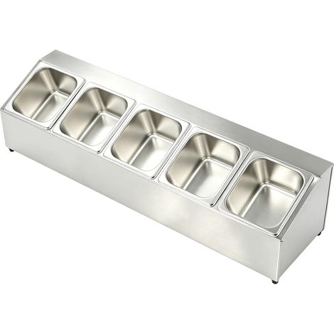 Dispensador de condimentos, 5 recipientes, acero inoxidable 201, base hueca, diseño inclinado, capacidad de 1,5 L cada uno. (1/5)