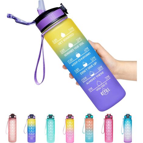 Borraccia motivazionale da 1000 ml con timer, tracolla e cannuccia in silicone – Senza BPA, a prova di perdite, con ampia apertura. (1/5)