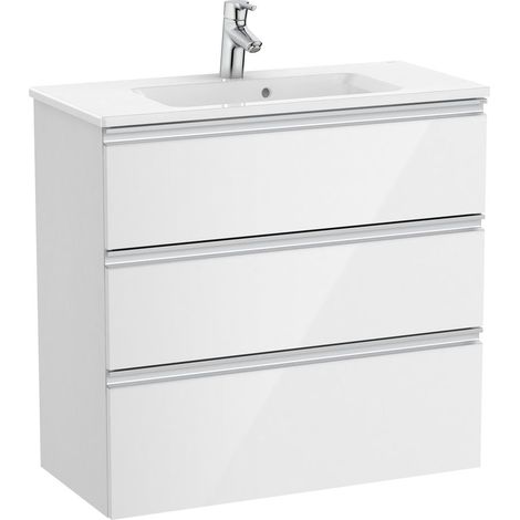 Roca – Ensemble meuble bas compact 3 tiroirs + lavabo carré – Installation suspendue – Dimensions 805x380x759 mm – Système soft-close (1/3)