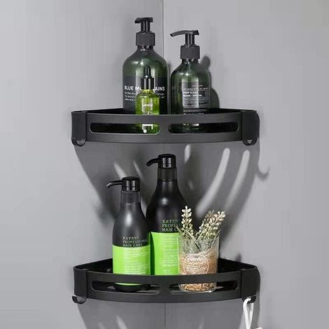 Étagère de douche sans perçage, étagère d'angle noire, rangement de douche avec 4 crochets, étagère de salle de bain en aluminium antirouille sans pe