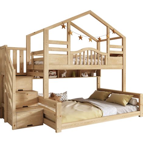 Lit superposé enfant bois aspect naturel 90x200 haut 140x200 bas avec escalier coffre rangement étagères montée sécurisée idéal famille parent adolescent sans matelas (1/5)