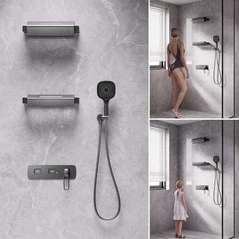 Colonne de Douche Encastrée, 2026 Innovant 4 Modes Pivotant à 360° Ensemble de Douche, Moderne Touches de Piano Systèmes de Douche, Double 350x90mm Pommeau, Douchette, 59A cuivre Mitigeur (1/5)