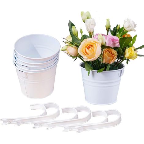 Lot de 4 Pots de fleurs en métal à suspendre - Blanc - Avec trou de drainage et crochet - Pour balcon et jardin