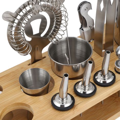 Ensemble de bar à cocktails 16 pièces en acier inoxydable 304 avec shaker et support en bambou. (1/5)