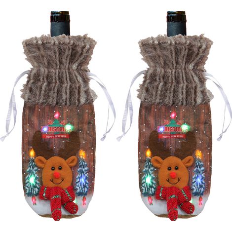 (Motif cerf) Lot de 2 manchons lumineux pour bouteilles de vin (restaurant/bar), manchons lumineux originaux pour verres à vin rouge, décoration de Noël pour bureau (1/2)
