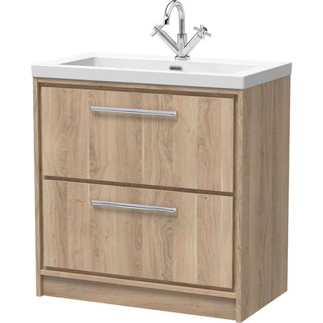 Longnor 2 Drawer Floor Standing Vanity Unit with 1 Tap Hole Modern Fireclay Basin, Light Oak, 800mm