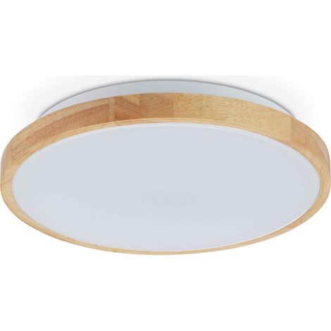 Lampe Plafond, en Bois Ronde, Lustre LED pour Salon, Chambre à Coucher et entrée S, Nature/Blanc (1/5)
