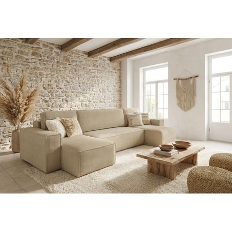 Canapé panoramique convertible en velours côtelé beige Anabella