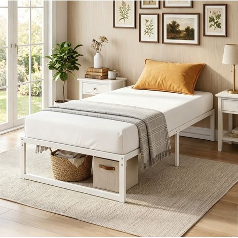 Cama individual 90/200 cm de metal blanco, sin cabecero, con espacio de almacenaje y estructura silenciosa (1/5)