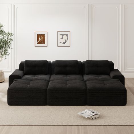 Divano angolare modulare 3 posti, con 3 poggiapiedi - Configurazione angolare, ultra comodo in velluto scanalato - Nero (1/5)
