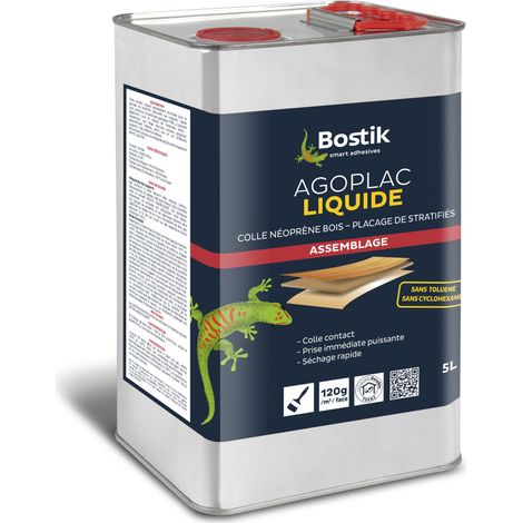 Bostik AGOPLAC LIQUIDE – Colle Néoprène Liquide Haute Performance – Prise Immédiate– Placage Stratifiés & Assemblage Multi-Matériaux – Bidon 5L
