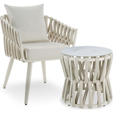 2 Pièces table chaise jardin aluminium, design corde, extérieur, beige (1/5)