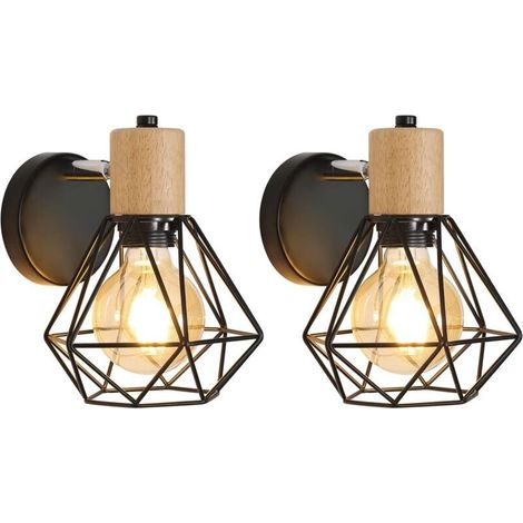Set of 2 Vintage Industrial Wall Lights, 360° Adjustable Wooden Wall Lamp, E27 Metal and Iron Cage Wall Lights for Bedroom, Hallway, Living Room, Max 60W, Black (1/4)