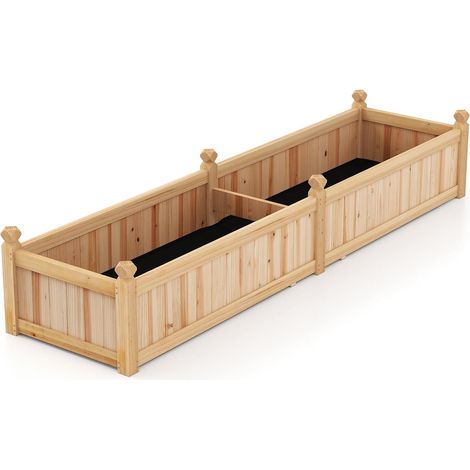 GOPLUS Jardinieres Exterieur Carré en Bois de Sapin avec 2 Compartiments, 227 x 59,5 x 40 CM, Jardiniere Balcon avec Fond Amovible, Couche en Tissu et 8 Trous de Drainage, pour Fleur, Légume (Naturel) (1/5)