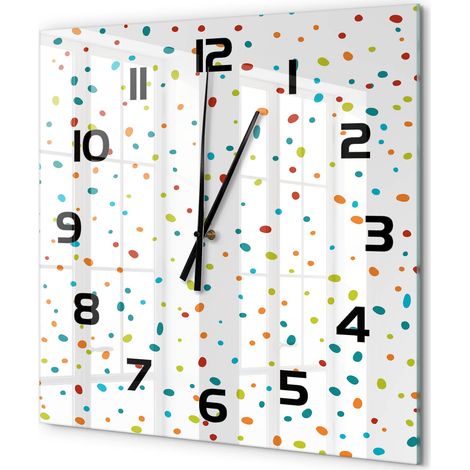 Grande Horloge Murale Carrée Déco Intérieur Verre Trempé Silencieuse et Élégante Pois colorés 60x60 cm (1/5)