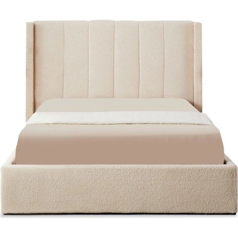 Lit Double Coffre Tissu Bouclette "Somia" 140x190cm Crème (1/5)