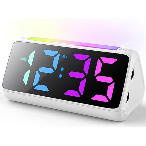Réveil Numérique pour Enfants avec Lampe, Affichage LED Couleur, Gradateur de Luminosité 0 - 100%, 2 Réveils, Volume d'alarme 3, Réveil pour Les Garçons et Les Filles Dans la Chambre à Coucher (Blanc) (1/5)