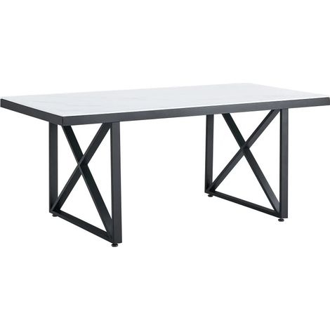 Table à Manger Design Verre Trempé Marbré Blanc & Métal Noir – 180×90 cm (1/5)