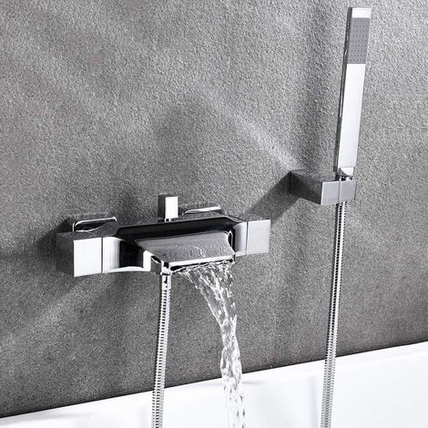 S-giant Robinet de baignoire mural à effet cascade, mélangeur pour baignoire avec douche à main, robinet mural avec tête de douche cascade, chaud & froid (Chromé) (1/5)