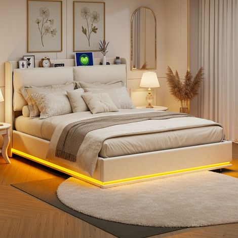 Letto contenitore 160x200, letto matrimoniale per adulti con illuminazione LED e stazione di ricarica, velluto, stile elegante, Beige (1/5)