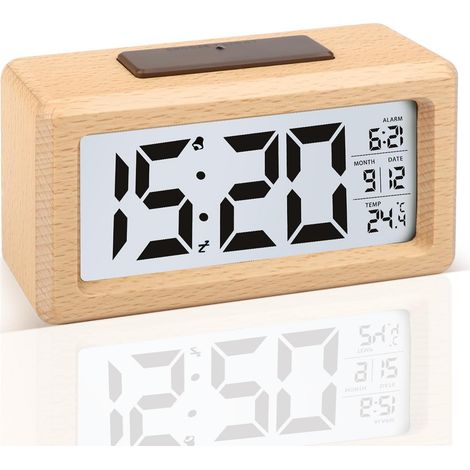 Reveil Numerique, Réveil Numérique en Bois LCD Horloge Digitale sans Tic-tac avec Affichage Date Température Réveil à Piles avec Fonction Snooze pour Maison Chambre (3 Piles AAA Non Incluses
