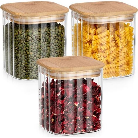 Récipient De Conservation - Verre Borosilicaté 750 ml - Couvercle En Bois De Bambou Avec Joint Silicone - Carré 10x10x11 cm - Set De 3