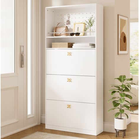 Mobile portascarpe stretto a 3 ribalte e 2 nicchie aperte, bianco, 80 x 24 x 178,5 cm HAVRYA (1/5)
