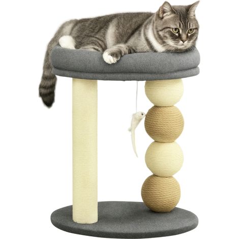 Kleiner Katzenkratzbaum mit Nest, 4 Bällen und Sisalstamm, Belastbarkeit 15 kg, Ø 40 x 48 cm, Grau und Beige