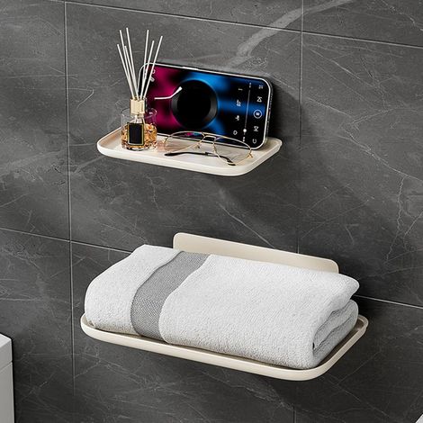 Dos estantes de almacenamiento para baño, montados en la pared, robustos y duraderos, con gran capacidad de carga, diseño plegable y que incluyen compartimentos de almacenamiento y toalleros. (1/4)