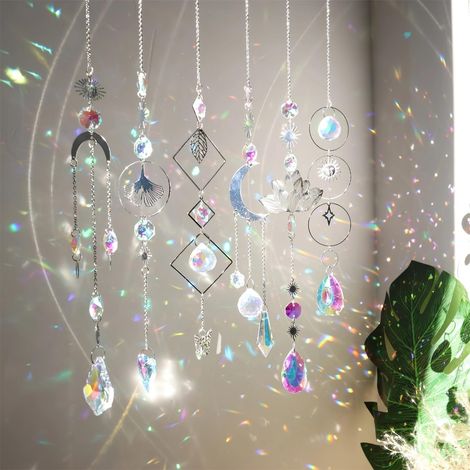 Lot de 6 attrape-soleil en verre K9 motif feuilles lune, décoratifs pour fenêtres jardins carillons éoliens
