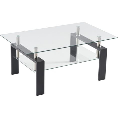 Rechteckiger doppelschichtiger Couchtisch aus gehärtetem Glas, Beine aus Eisenrohr, 100 x 60 x 43 cm, schwarz