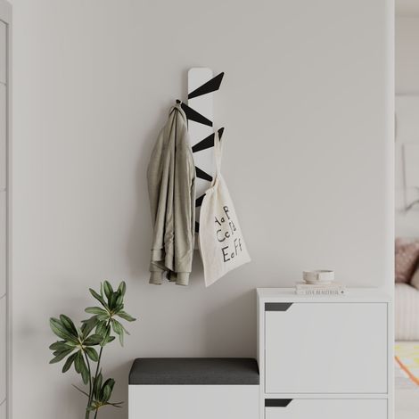 Decortie Modern Alesta Suspension murale en bois d'ingénierie avec 6 crochets métalliques de formes différentes 10(L)x75(H)x4.5(P)cm, blanc (1/5)