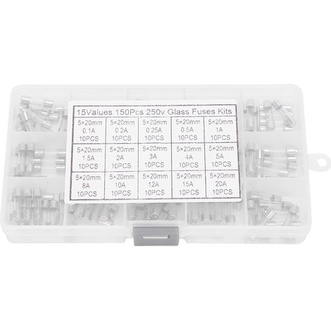 150-teiliges Sortiment an Glasrohrsicherungen (0,1 A–20 A, 250 V, 5 x 20 mm) mit Aufbewahrungsbox (1/5)
