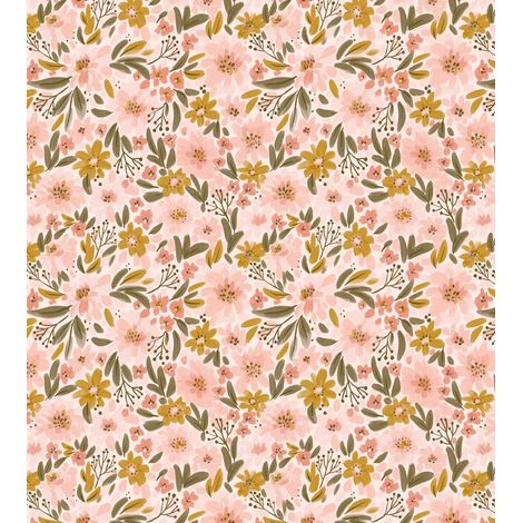 papier peint panoramique fleurs rose clair, jaune ocre et vert grisé  - ESTAhome